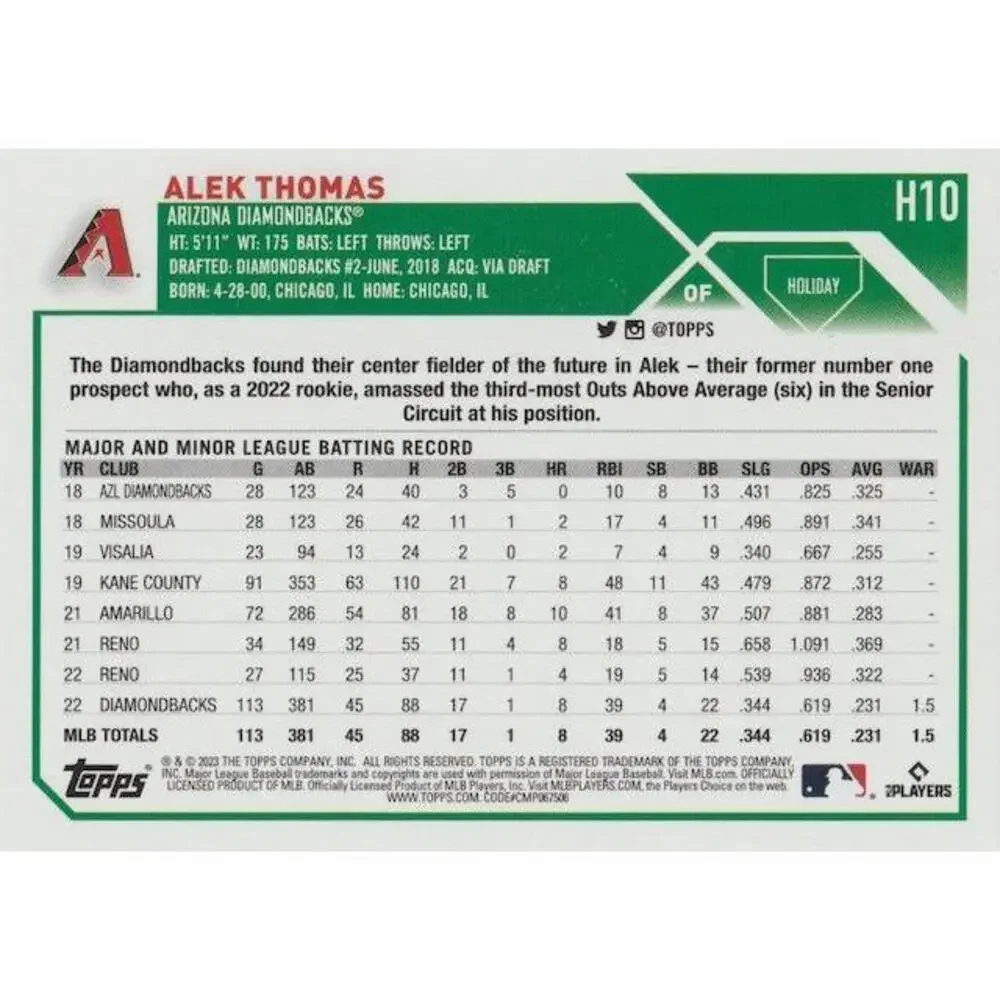 2023 Topps Holiday Alek Thomas H10 Arizona Diamondbacks